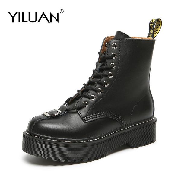 

fashion black boots women platform spring autumn lace-up soft leather platform shoes woman party ankle boots high heels punk