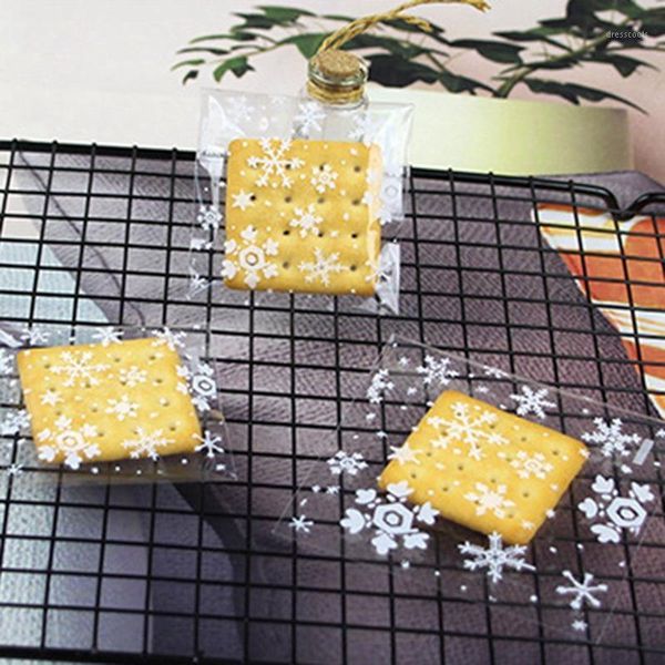 

100 pcs snowflake christmas plastic candy cookie biscuits snack packaging bag adhesive gift bags for home wedding birthday party1