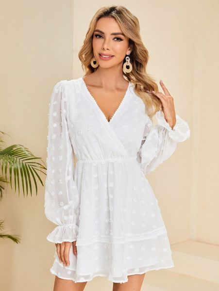 

flounce sleeve surplice neck swiss dot dress a4im#, Black;gray