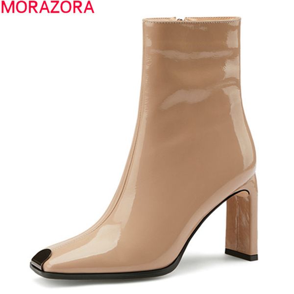 

morazora 2020 big size 33-45 fashion ankle boots genuine leather boots thick hig heels square toe women boots black apricot 1026
