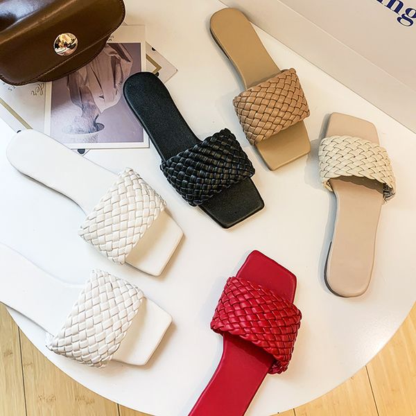 

fashion temperament braided charm open-toe flat slippers set foot vacation beach sandals casual flip flops women shoes, Black