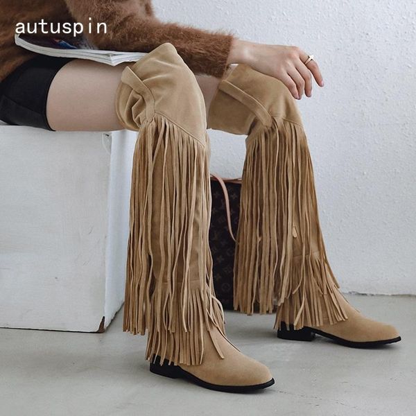 

autuspin мода женщин западной сапоги зима кисточкой низкий каблуки венчания партии runway над коленом теплой обуви черный коричневый хаки, Black