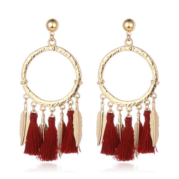 

bohemia red cotton thread tassel long pendant earrings for women big new alloy circle drop earring fashion ear jewelry, Silver