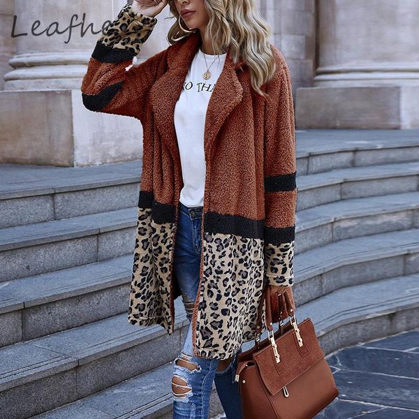 

2020 women leopard print flocking plush warm jacket autumn winter long soft cardigan overcoat female casual patchwork slim coats, Black