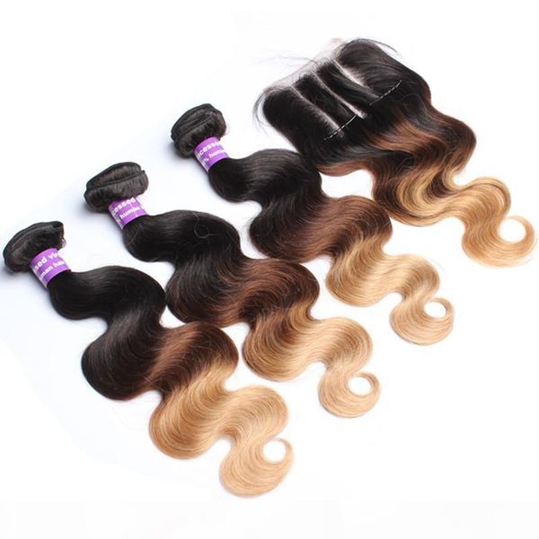 

1b 4 27 honey blonde ombre malaysian hair with closure body wave dark roots three tone ombre 4x4 lace closure with weave bundles, Black