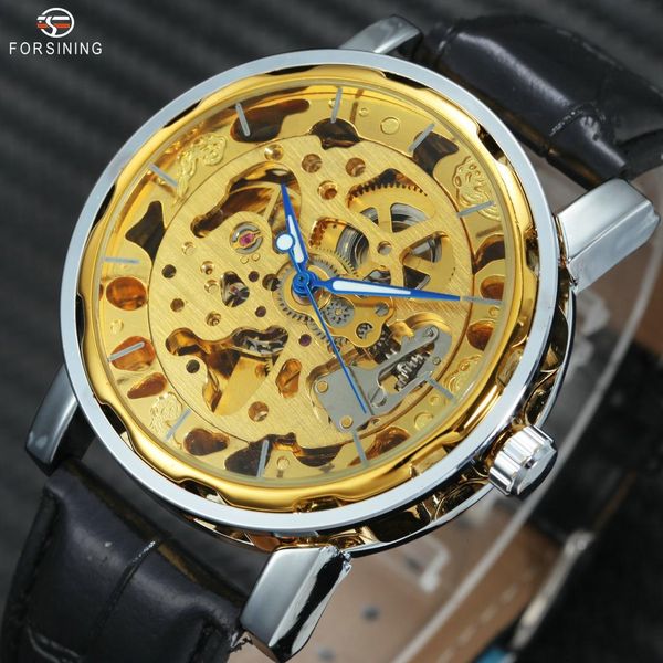 

designer forsining golden skeleton mechanical watches men leather strap automatic wristwatches for men business clock, Slivery;brown