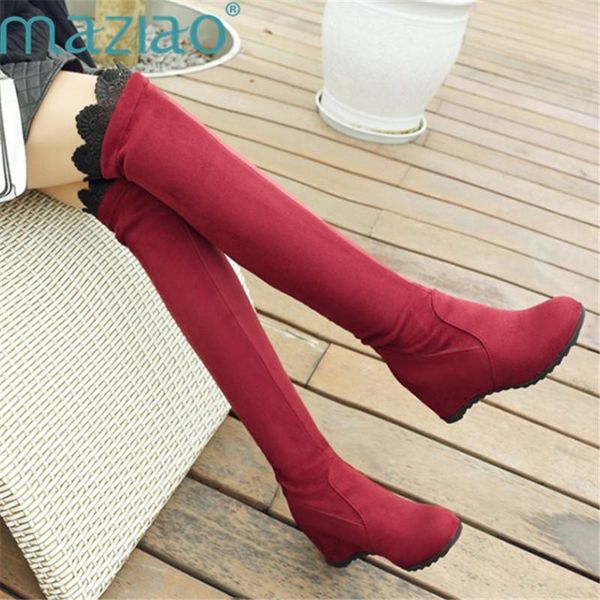 

boots women flock over the knee shoes high heels round toe long lace height increasing maziao1, Black