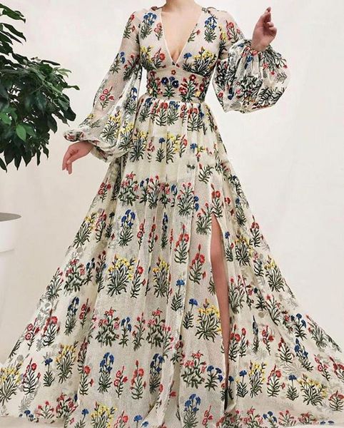 

party dresses elegant embroidery prom 2021 long sleeve v neck evening dress split formal gowns vestidos formales formelle robes1, White;black