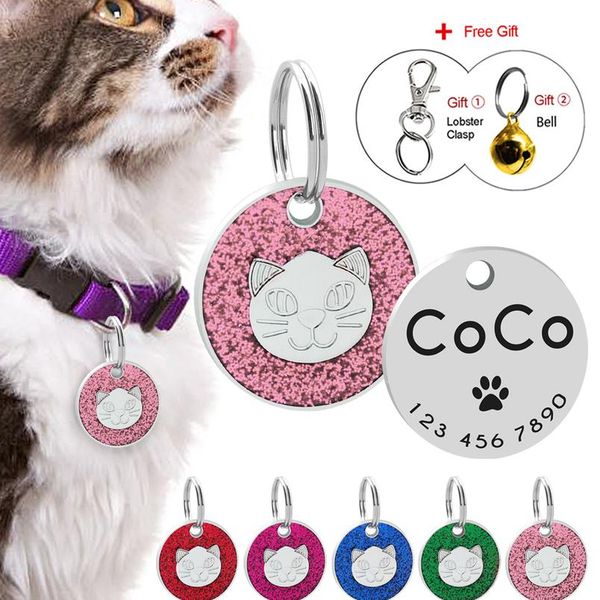 

glitter dog cat id tag custom engraved round tags for cats pet kitten collar accessory anti-lost puppy dogs name phone t wmtuvd