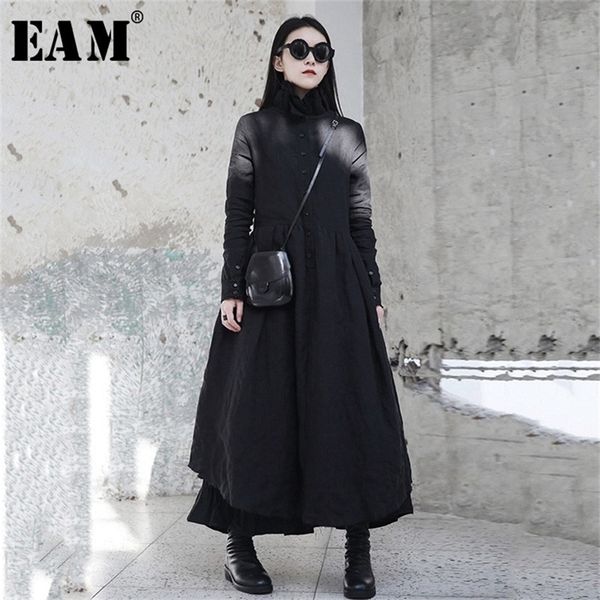 

[eam] new spring winter ruffled collar long sleeve black irregular big hem fold loose long dress women fashion tide ji098 201028, Black;gray