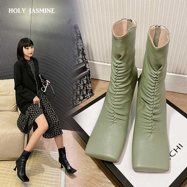 

boots strange square toe ankle woman genuine leather soft booties high heels shoes women stylish ladies boot 2021, Black