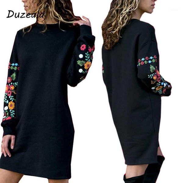

duzeala unique design warm autumn winter dress 2020 round neck comfortable flower warm loose dress vestidos1, Black;gray