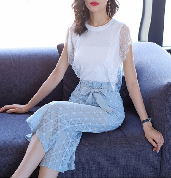 

luxury chicffon sleeveless joint women lace two pieces of women's pants define fashion wide leg femme cek5, White