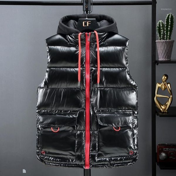 

2020 new vest men casual thicken winter waterproof warm hooded big pockets sleeveless coat hat detachable plus size 4xl 5xl1, Black;white