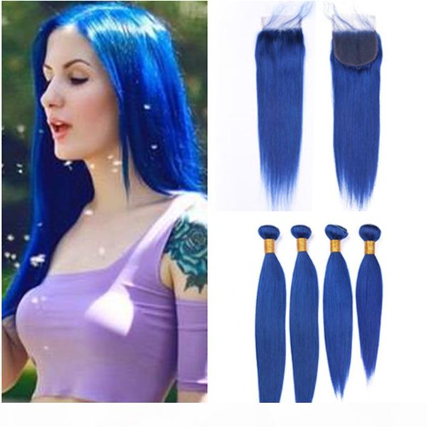 

dark blue human hair 4 bundles and closure brazilian straight blue color weaves virgin hair extensions with lace closure piece 4x4, Black;brown