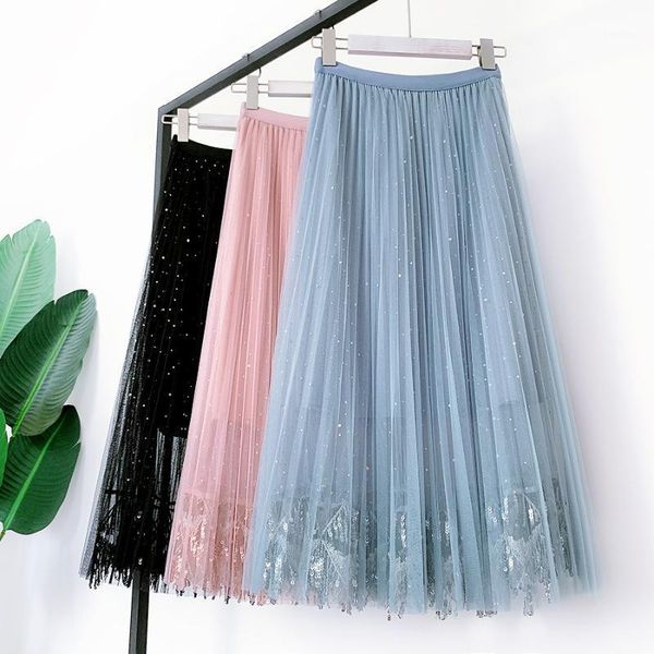 

qooth 2020 spring summer tulle skirt sequined stars lace skirts women's solid color elastic waist mesh pleated skirt qh22031, Black