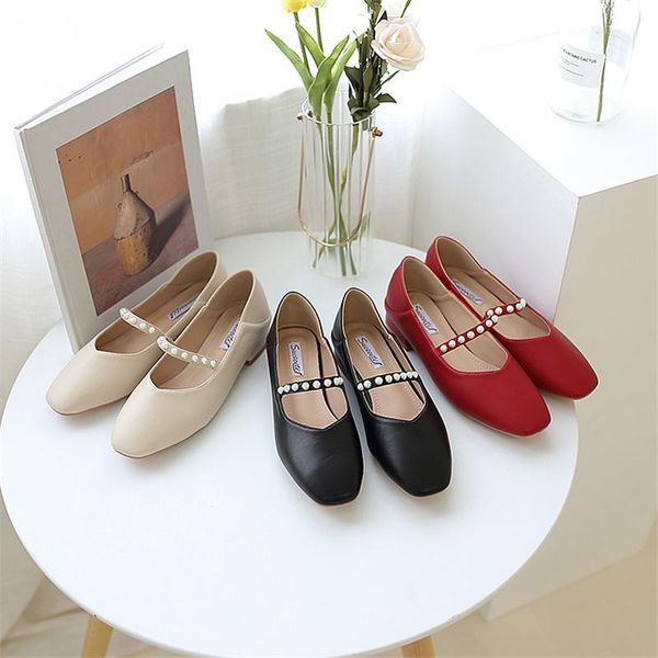 

2020 мэри джейн обувь женщина vintage низких каблуков мокасины pearl rivet площадь toe slide сладкие продеть насосы leather sandalias mujer, Black