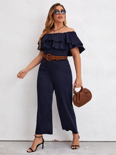 

plus off shoulder layered ruffle trim jumpsuit without belt e4zl#, Black