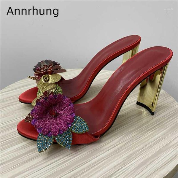 

slippers red satin one-strap high heel lady mules gold metal strange bling sequins flower decor rhinestone women1, Black