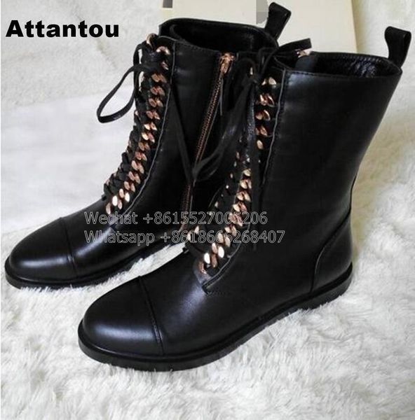 

boots fashion black pu leather lace up boot woman round toe riding designer chain motorcycle short booty1