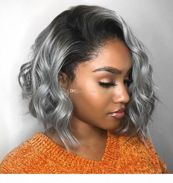 

ombre grey short human hair bob wig 1b grey wavy lace front human hair wigs with baby hair blunt bob remy, Black;brown