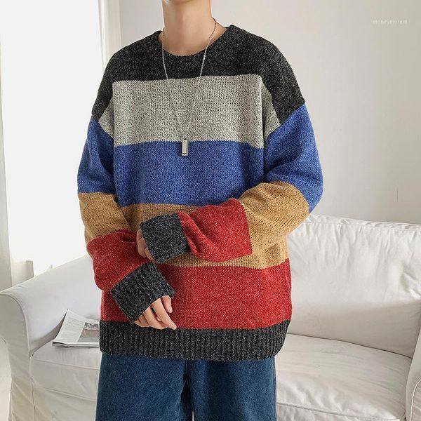 

men's sweaters autumn winter knitted men black vintage pullovers casual large size striped men's sweater oversize male korean clot, White;black