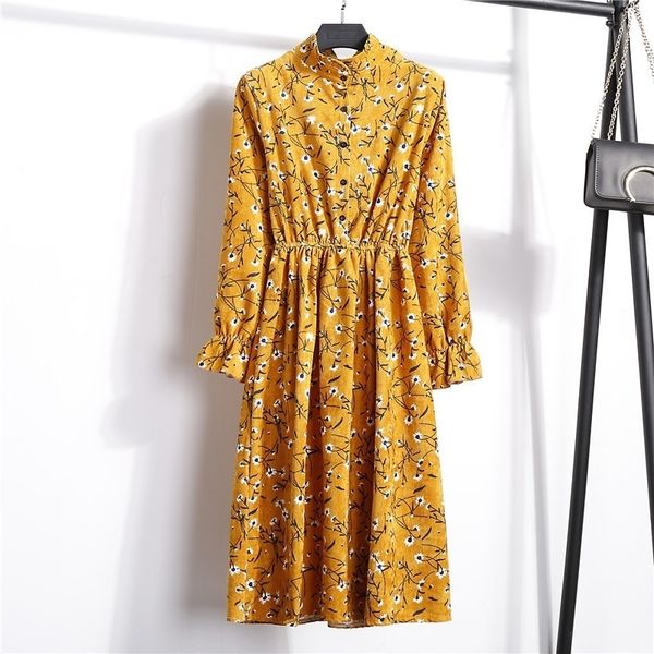 

autumn winter women dresses corduroy casual long sleeve high elastic waist flower print party dress female dress vestidos 201027, Black;gray