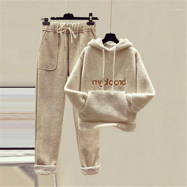 

lism plus size women hoodies and pants 2 piece set ladies letter print pocket warm thicken pullover sweatshirts high waist suits1, Gray