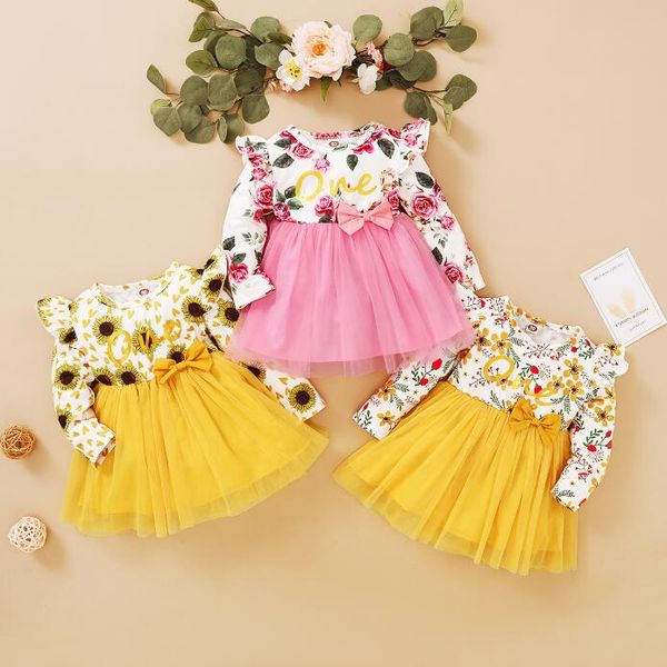 

2020 baby dresses new autumn girls long sleeve floral one letter print tutu dress baby bow princess dress kids clothing by1615, Red;yellow