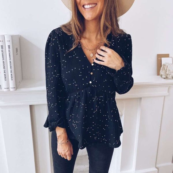 

star 2020 new autumn print women's long sve v-neck top, Black;gray