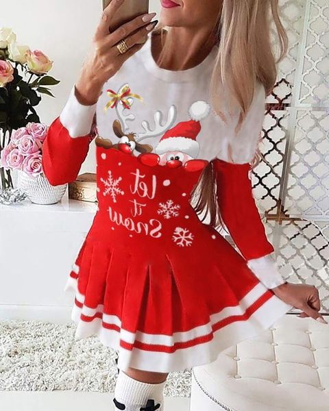 

casual dresses women elegant mini dress female o-neck stylish christmas snowflake father elk print red long sleeve pleated dress1, Black;gray