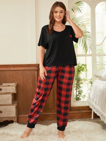 

plus heart print tee & buffalo plaid pants pj set o9ls#, Black;white