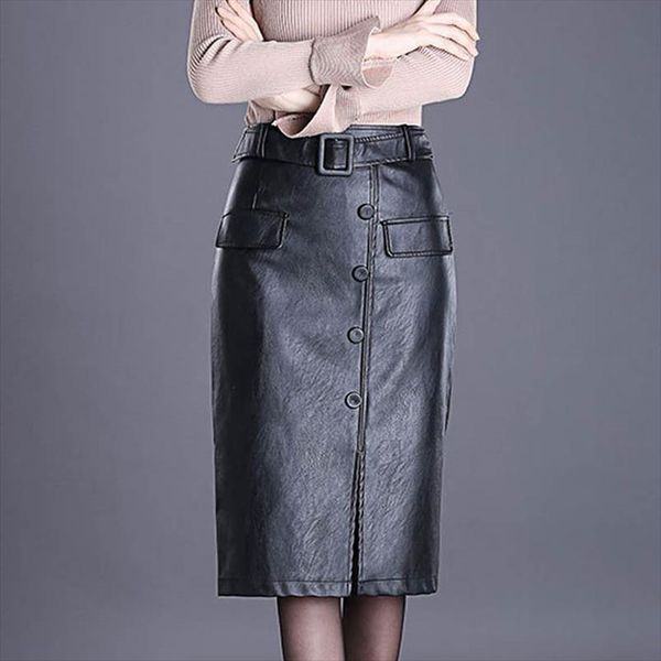 

fashion womens leather skirt female girl high waist slim bag hip large size over the knee step button front slit skirt, Black