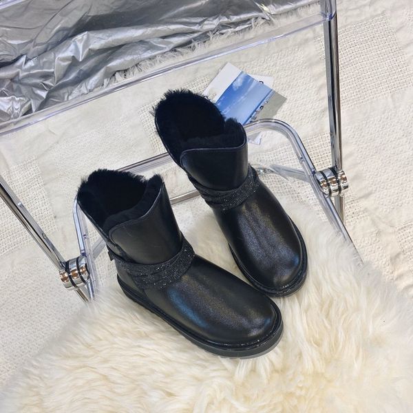 

2020 men' and women' lace-up rhinestone leather plus velvet autumn and winter snow boots with ing, Black;grey