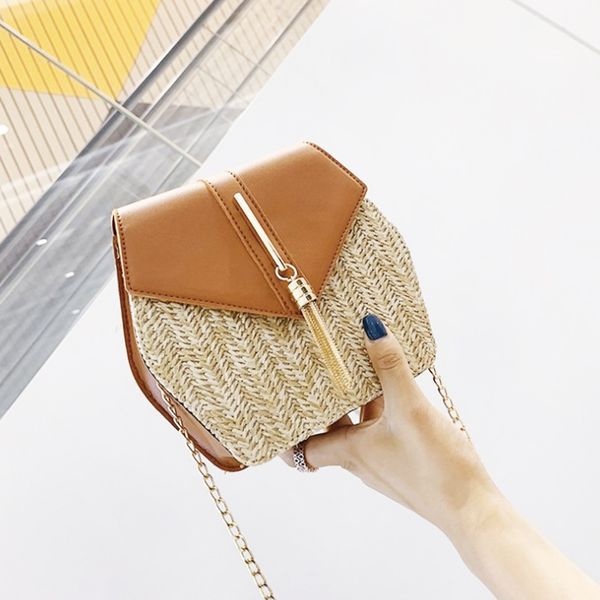 

hexagon mulit style straw+leather handbag women summer rattan bag handmade woven beach circle bohemia shoulder bag new fashion