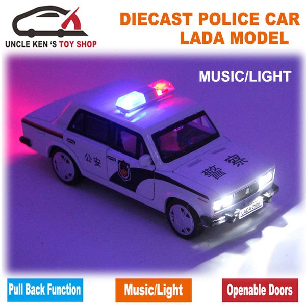 Escala Lada Russo Carro de Polícia, Modelos Diecast, Brinquedos Meninos Com Caixa De Presente / Portas Openable / Puxar Função / Música / Luz LJ200930