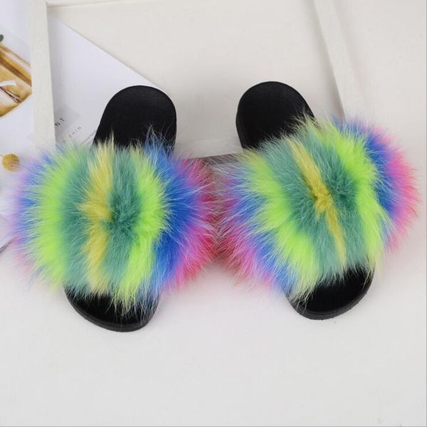

women fur slides new arrival fashion flat non-slip fox fur slippers lady's cute brand designer fur slippers drop shipping shoes x1020, Black