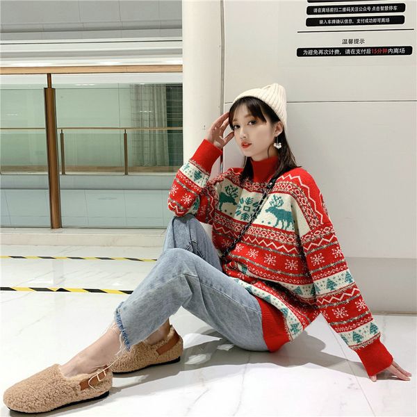 

2021 Red Christmas Sweaters for Woman Elk Turtleneck Released Jumpers New Autumn Oversized Fashion Pullover Luxrex Outerwear FQ75, White;black