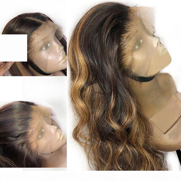 

natural hairline lace front wigs 360 lace frontal human hair wigs pre plucked brown body wave highlights blonde full lace wig bleached knots, Black