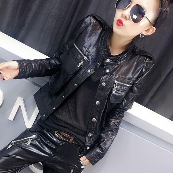 

2020 new autumn spring women pu leather jacket punk style motorcyle leather jackets coats streetwear py1811, Black