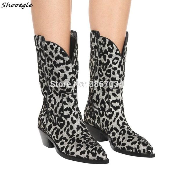 

boots shooegle winter vintage women leopard prints mid calf pointed toe cuban heels slip on cowboy style bootie, Black
