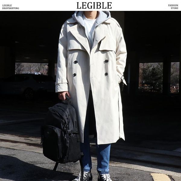 

legible men long jacket spring autumn korean men loose casual windbreaker men's long coat jacket trench coat1, Tan;black