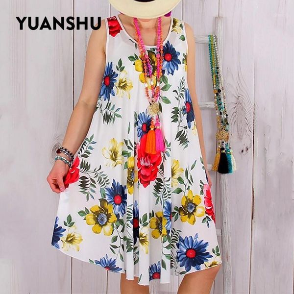 

yuanshu s-5xl plus size summer dress women o neck sleeveless loose large size dresses casual women streetwear floral print dress1, Black;gray
