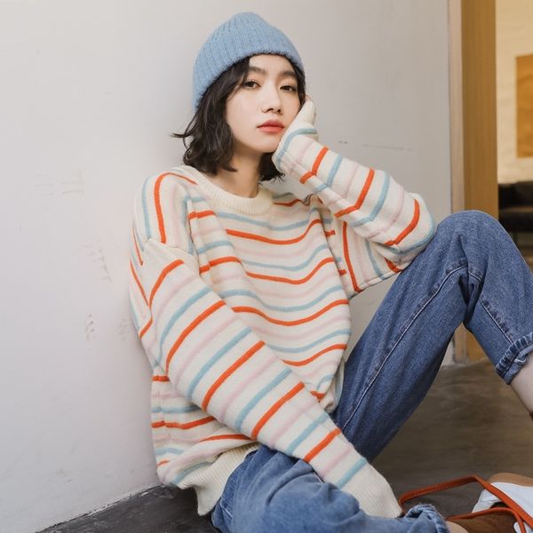 

3kf49 трикотажных и зима новый 2020 длинный рукава рыхлой радуга полоса осень для женщин корейских девушек с случайным swea нижней sweatersw, White;black