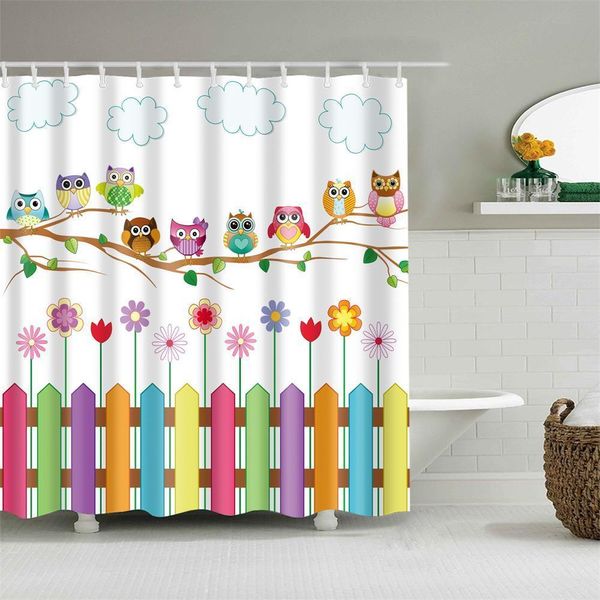 Crianças desenhos animados cortina de chuveiro conjunto de decoração de casa corujas em um ramo arte poliéster tecido cortina de banho com 12 ganchos cortinas de chuveiro y200108