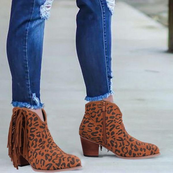 

leopard printed boots women elastic band botas mujer invierno 2020 casual pu winter women shoe low heel pointed toe bottes femme, Black