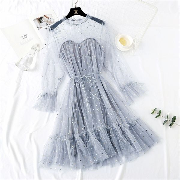 

spring autumn new female o-neck stars sequined mesh shiny fairy dress women elegant bling gauze princess puff dresses h1210, Black;gray