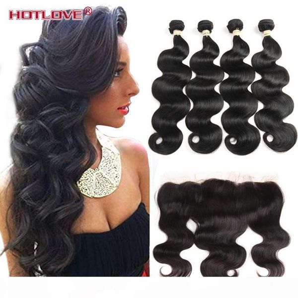 

brazilian body wave lace frontal closure with 4 bundles hair wefts 8-28 inch unprocessed virgin human hair extensions wavy 5pcs lot, Black;brown