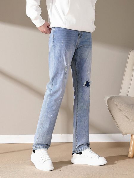 

men contrast panel ripped splatter print straight leg jeans 81fa#, Blue