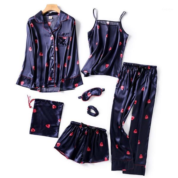 

youest women 7pieces strawberry shorts lounge silk pajamas sets1, Black;red